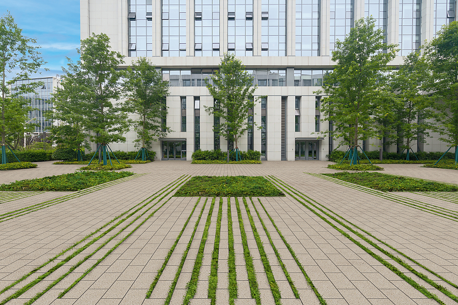 Öffentlicher Platz mit Vegetationsfugensteinen